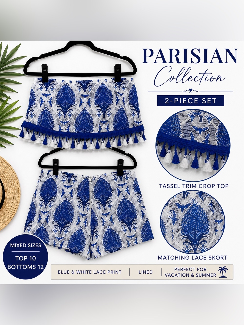 Parisian Works Blue & White Tassel Trim Skort Set